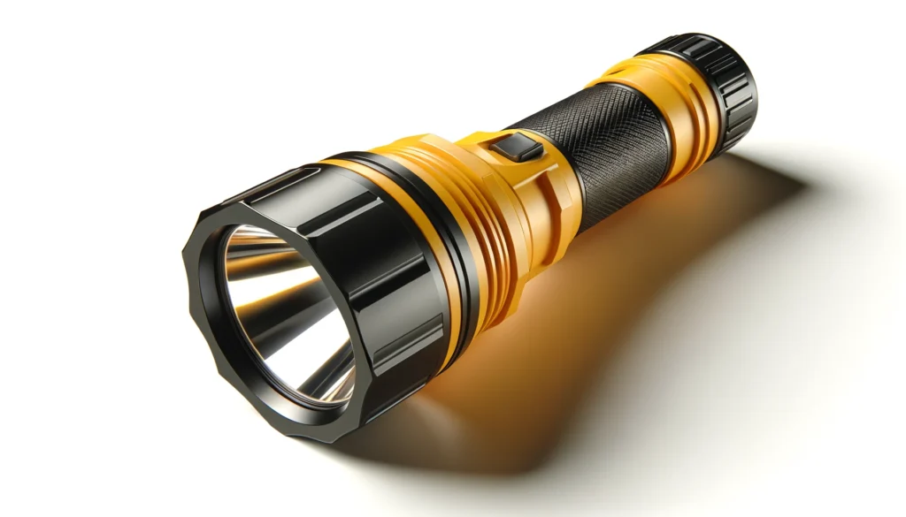 dall·e 2024 02 29 09.00.07 create an image of a heavy duty flashlight. it should have a bright yellow cylindrical body with a black end cap and a large black bezel around the le 1024x585